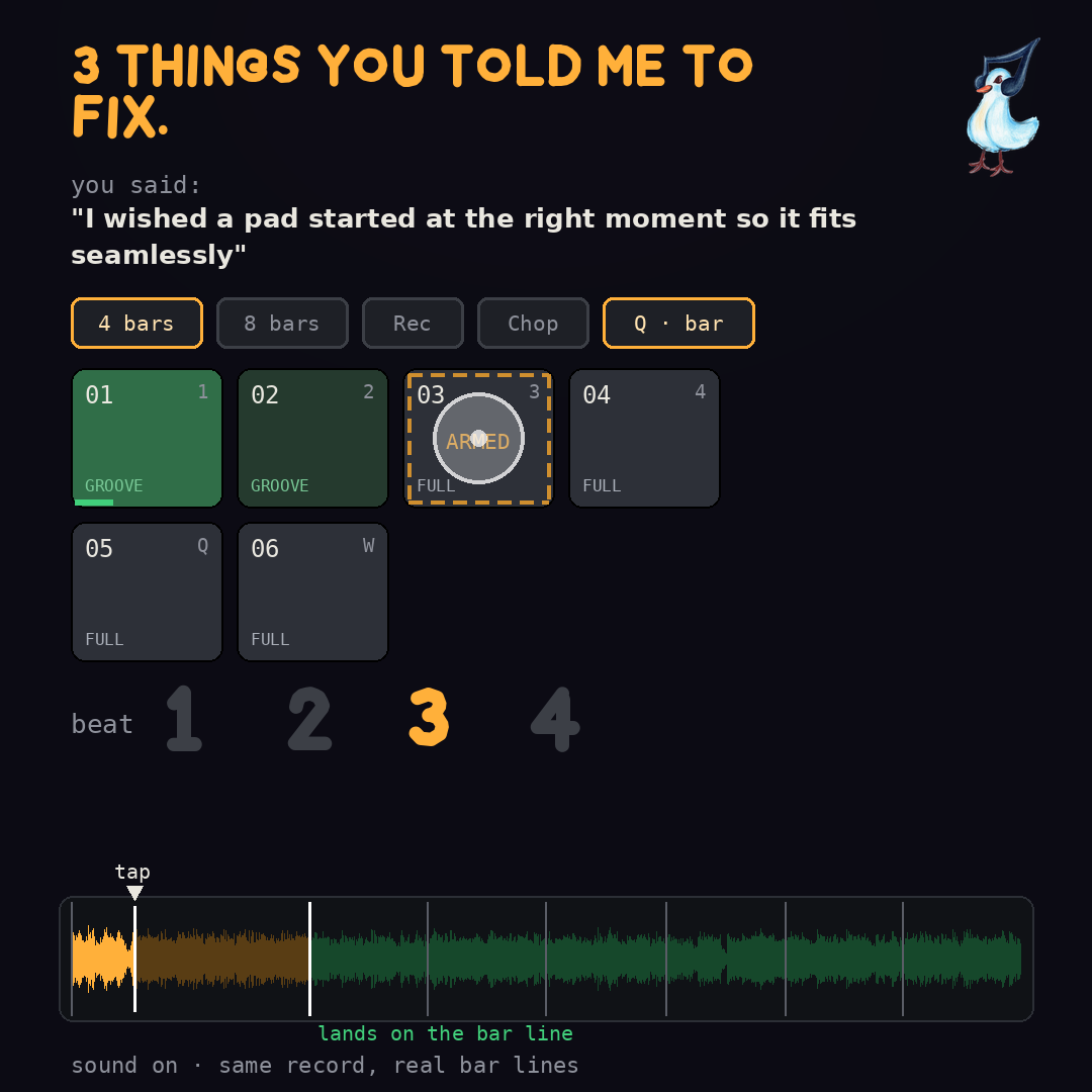 3 things you told me to fix: Q bar, turning knobs, no text selection